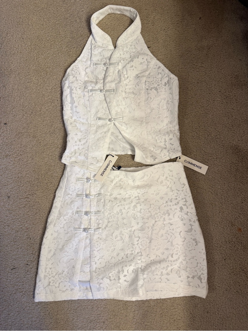 Commense White Lace Frog Button Halter Pearl Skirt Set S-M